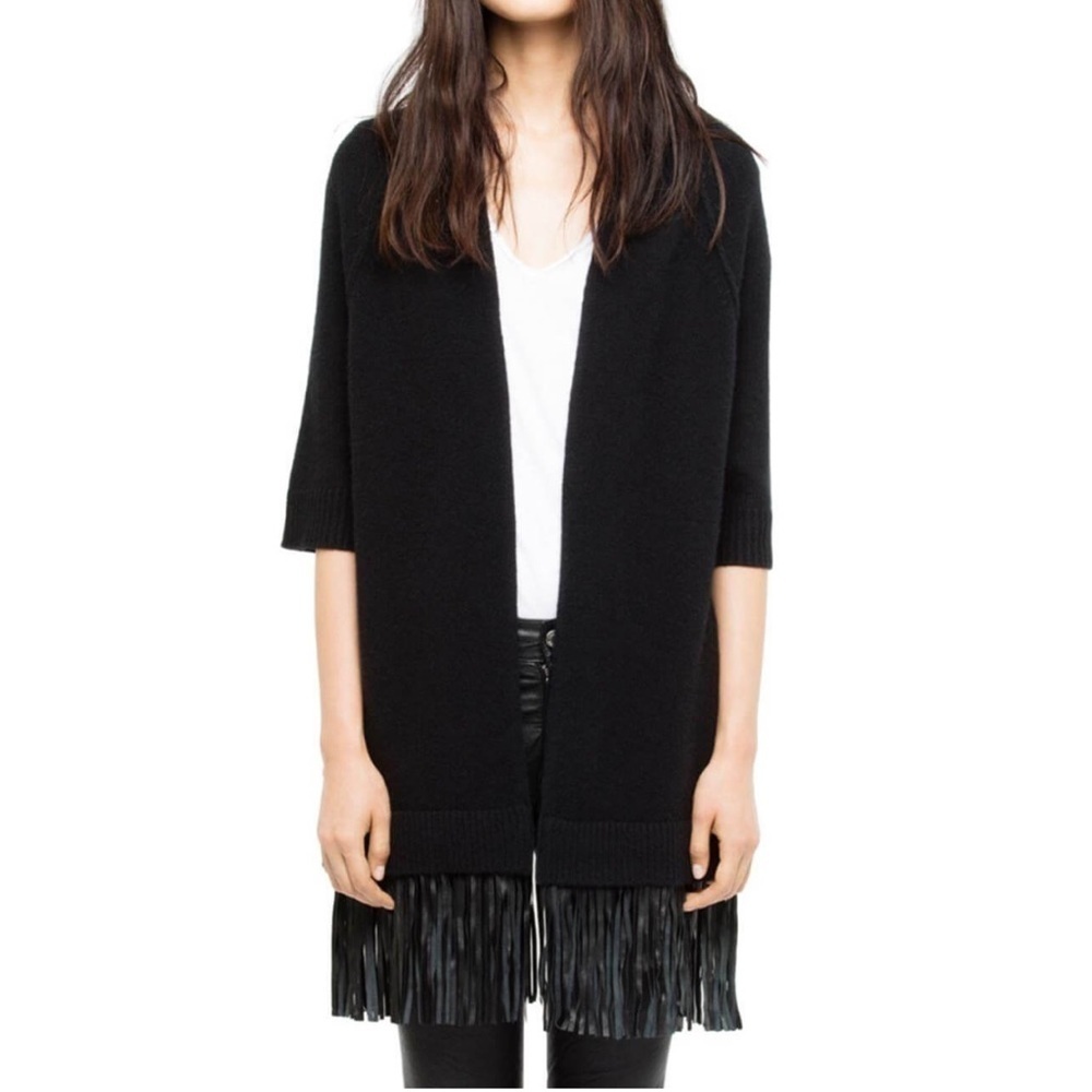 Zadig & Voltaire Deluxe- NWT Black and Burgundy Leather Fringe Cardigan Sweater